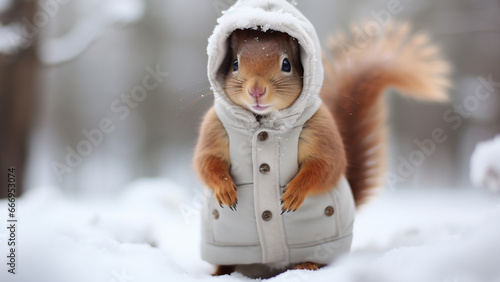 Cute Red Squirrel wearing a Winter cozy coat in a winter white snow forest background, Generative AI	
