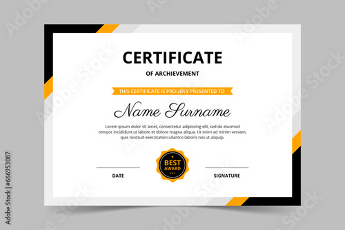 Modern elegant black and yellow certificate template. Appreciation for business and education. Vector illustration