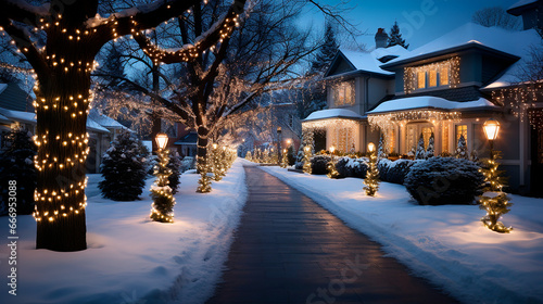 Calle nevada, luces de navidad - barrio residencial photo
