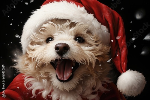 In this delightful Christmas-themed image, an excited puppy wears a charming Santa hat against a black background, exuding holiday cheer and playfulness. Photorealistic illustration