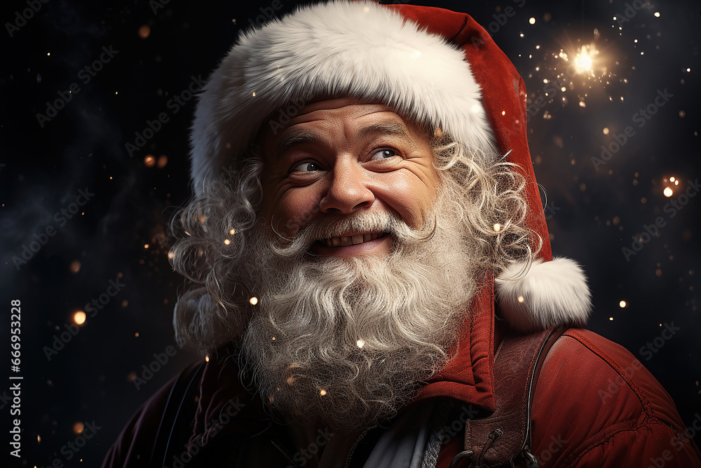 A background image for creative content, with a playful-faced Santa Claus against a backdrop of blurred holiday lights, evoking the joy and spirit of Christmas. Photorealistic illustration A background image for creative content, with a playful-faced Santa Claus against a backdrop of blurred holiday lights, evoking the joy and spirit of Christmas. Photorealistic illustration