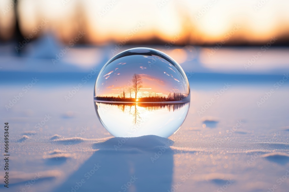 Amid pristine snow, a glass ball showcases a serene scene with a lake, forest, and the sky observed through its transparent globe, evoking the magic of the season. Photorealistic illustration