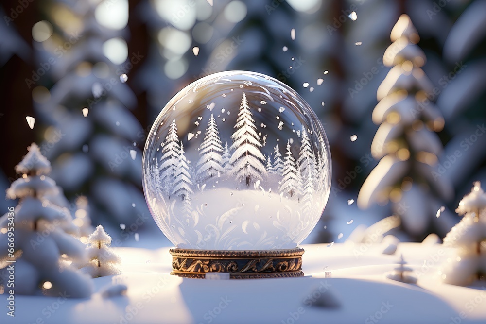 An enchanting background image for creative Christmas content featuring a snow globe with a snow-covered forest inside, nestled in the midst of a snow-covered forest. Photorealistic illustration - obrazy, fototapety, plakaty 