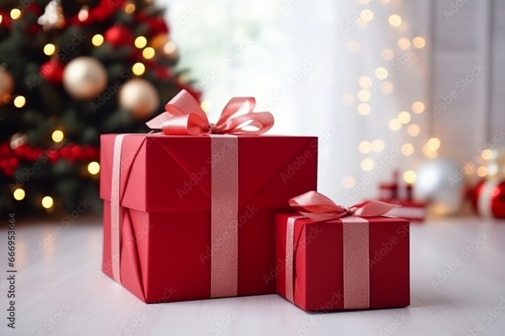 Stunning Christmas Gift Boxes Near Fir Tree in Room - Created with Generative AI Tools Stunning Christmas Gift Boxes Near Fir Tree in Room - Created with Generative AI Tools