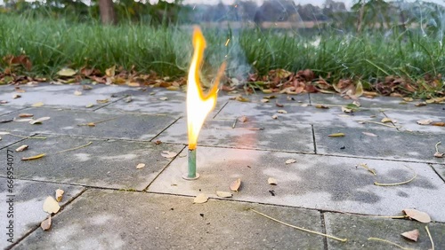 Colorful fireworks. Green fountain firecrackers.  photo