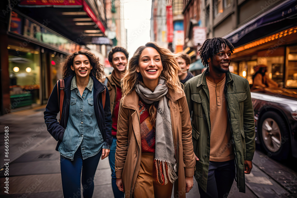 Group of multiethnic young people walking in the city