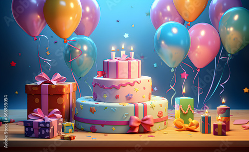 Illustration  children s birthday party with cake and presents.