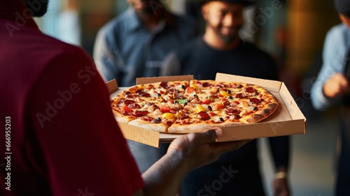 A pizza delivery person handing over a pizza to a group