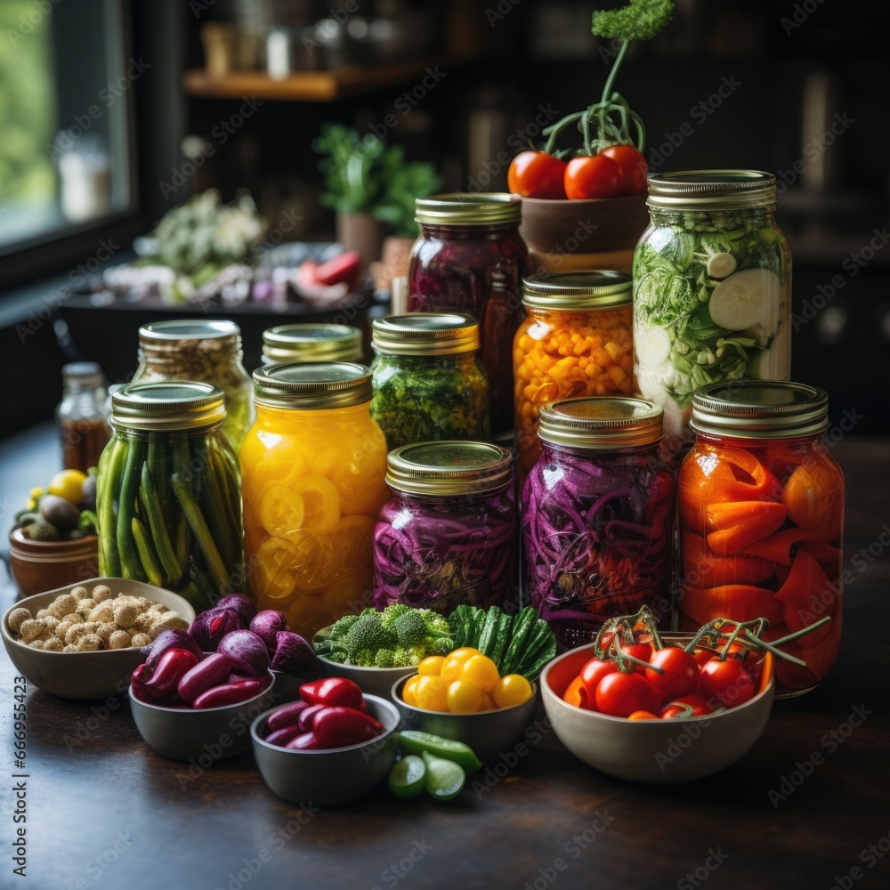 variety of fermented vegetables in transparent jars on a modern kitchen, trendy probiotic food. variety of fermented vegetables in transparent jars on a modern kitchen, trendy probiotic food.