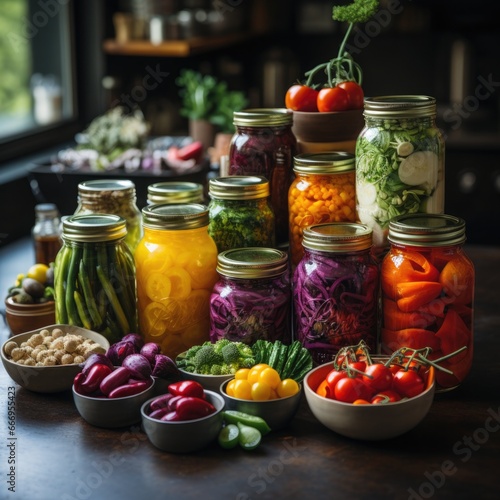 variety of fermented vegetables in transparent jars on a modern kitchen, trendy probiotic food.