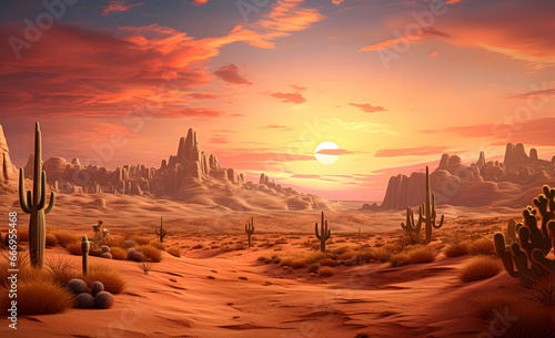 A desert landscape with cacti and sand dunes against a sunset sky.