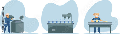 Dairy factory  illustration set. Characters make facilities milking apparatus cows, people and delivery production.