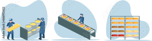 Dairy factory  illustration set. Characters make facilities milking apparatus cows, people and delivery production.