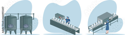 Dairy factory  illustration set. Characters make facilities milking apparatus cows, people and delivery production.