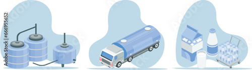 Dairy factory  illustration set. Characters make facilities milking apparatus cows, people and delivery production.