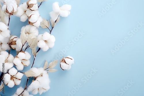 Flowers composition, Cotton flowers on pastel blue background, Flat lay, top view, copy space, aesthetic look