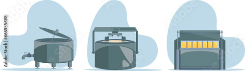 Dairy factory  illustration set. Characters make facilities milking apparatus cows, people and delivery production.