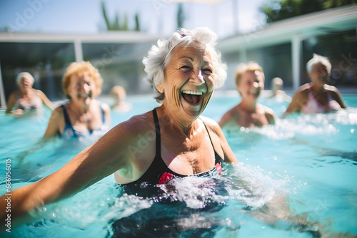 happy senior women enjoying aqua fitness class in a pool, displaying joy and camaraderie, embodying a healthy, retired lifestyle © Planetz