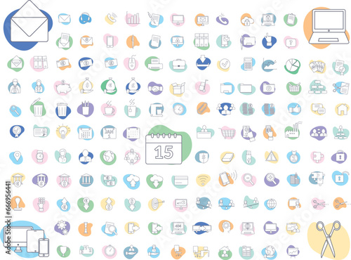 ensemble d'icônes et de pictogrammes sur pastille colorée sur le thème du travail, du bureau, des finances et de l'entreprise