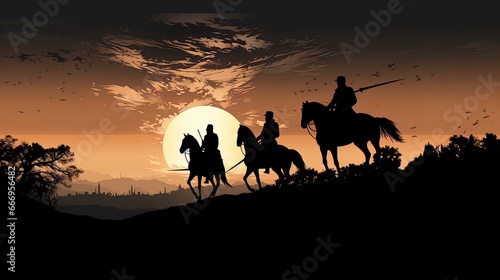 Silhouette of knights in the setting sun. Great for stories about history  warfare  RPG  armor  medieval era and more. 