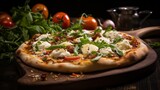 A gourmet pizza with a creative arrangement of ingredients and cheese
