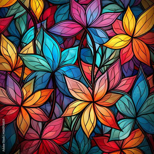 Colorful seamless pattern with stained glass mosaic of wildflowers.