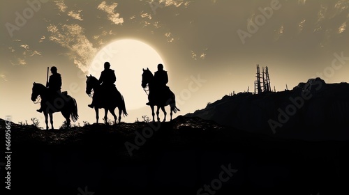 Silhouette of knights in the setting sun. Great for stories about history, warfare, RPG, armor, medieval era and more. 