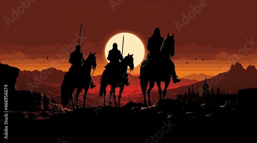 Silhouette of knights in the setting sun. Great for stories about history  warfare  RPG  armor  medieval era and more. 