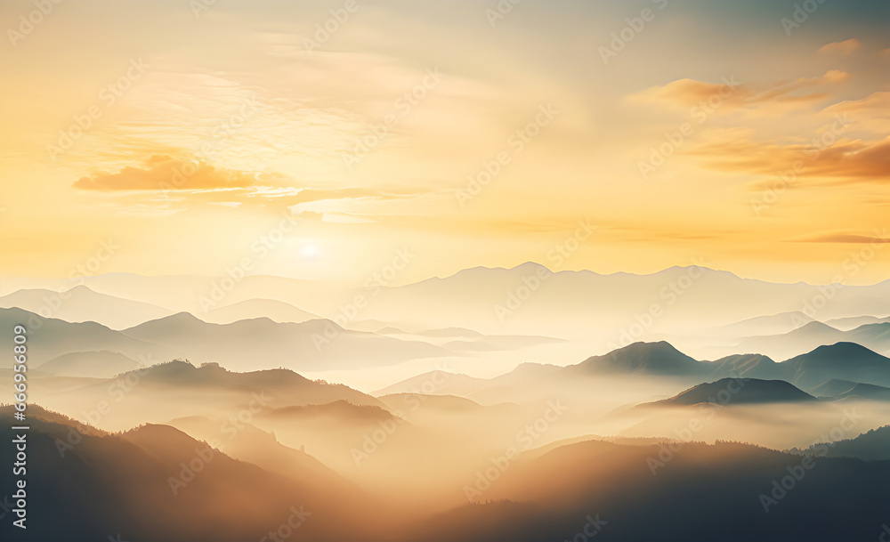 Natural fog and mountains sunlight sunlight background blur.