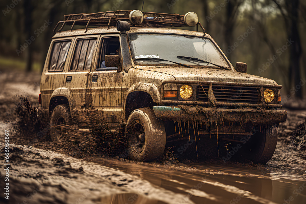 Fototapeta premium Off-road driving. The vehicle drives through mud.