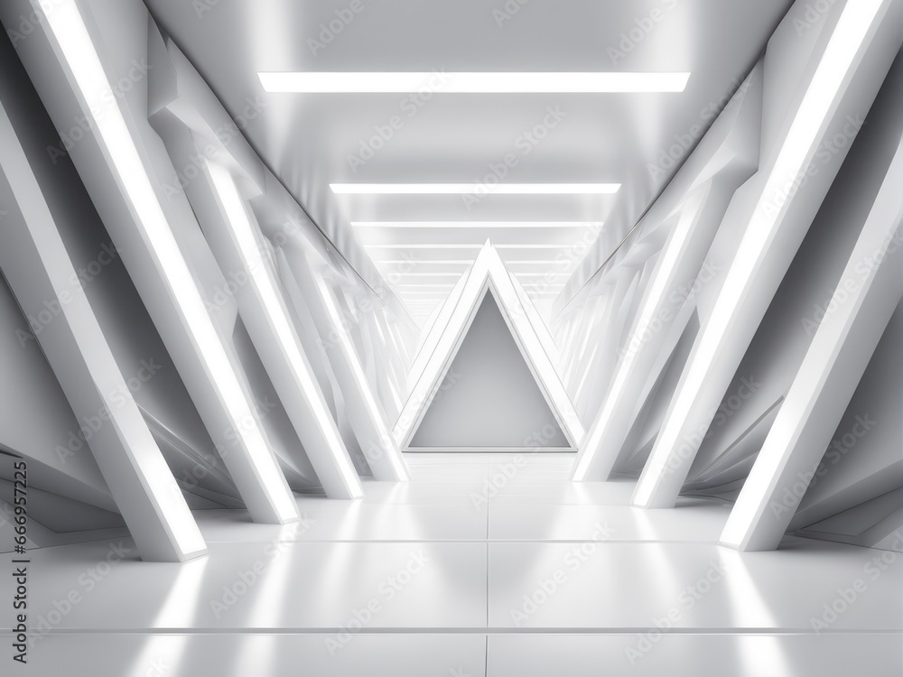 long light corridor modern white background futuristic sci fi triangle tunnel - obrazy, fototapety, plakaty 