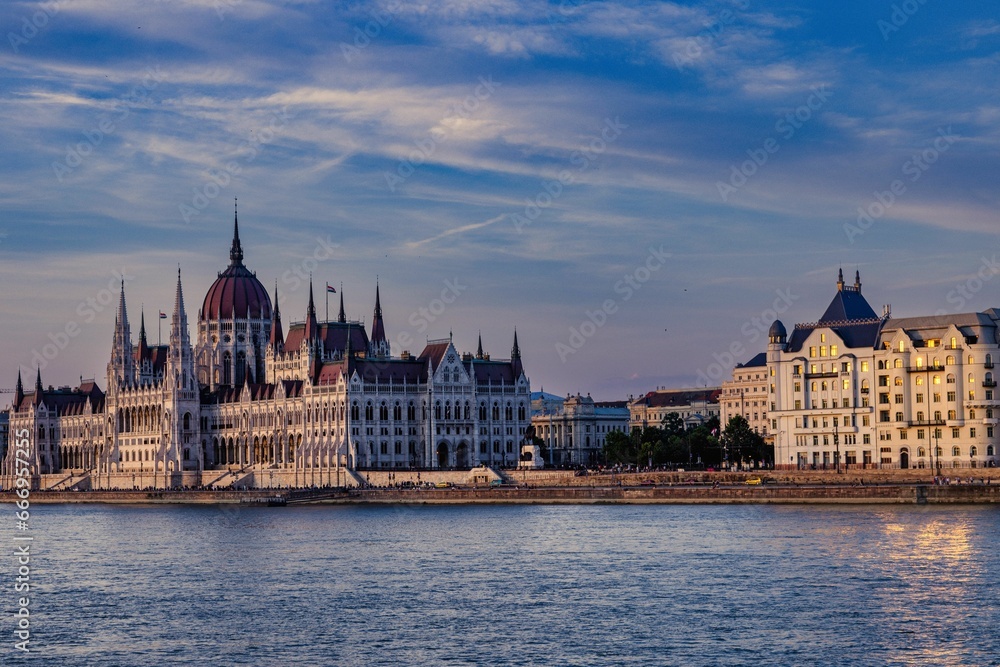 Aerial view of the Parliament Building and Danube River in Budapest, Hungary