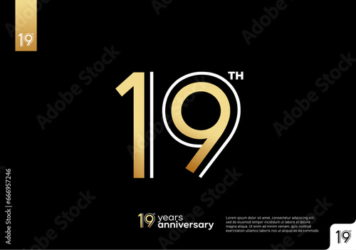 Golden 19th anniversary celebration logotype on black background