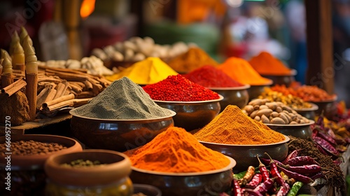Fototapeta Naklejka Na Ścianę i Meble -  A colorful market scene showcasing spices, herbs, and exotic ingredients