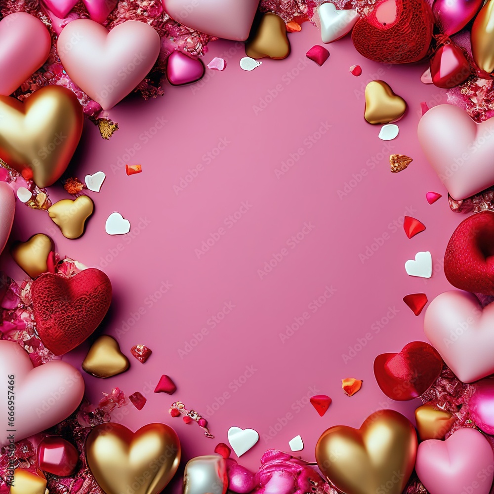 shiny 3D hearts on a pink background. Valentine's Day. flat lay. shiny 3D hearts on a pink background. Valentine's Day. flat lay.