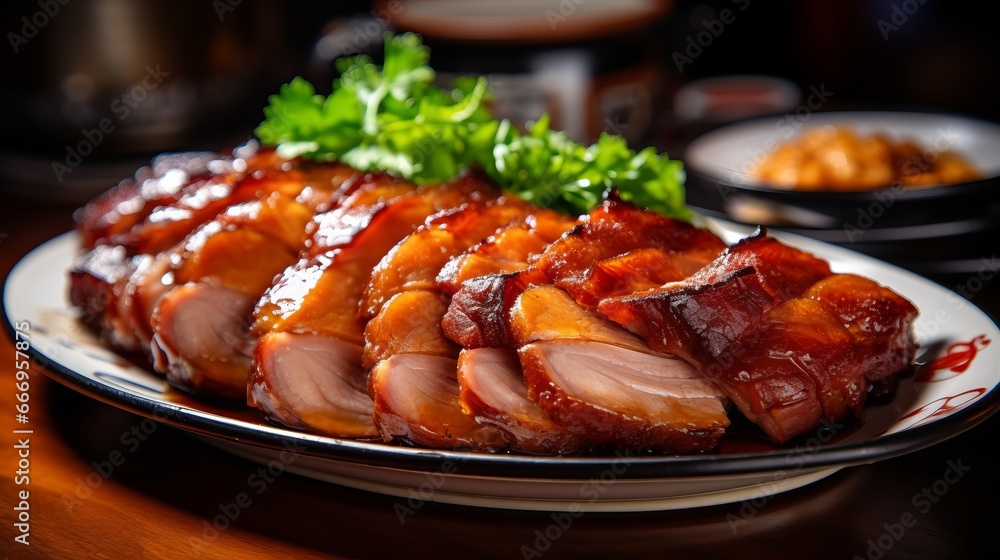 A close-up of a plate of mouthwatering roast pork