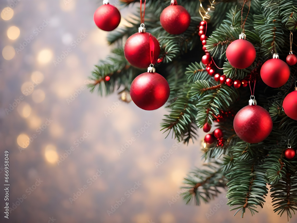 Christmas decoration. Red balls hanging on pine branches Christmas tree garland and ornaments over abstract bokeh background with copy space