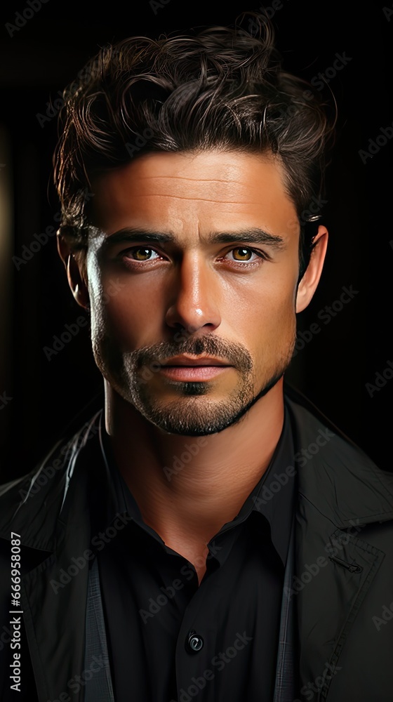 Face of handsome Hispanic man looking at camera. Man face portrait illustration. Generative AI Face of handsome Hispanic man looking at camera. Man face portrait illustration. Generative AI