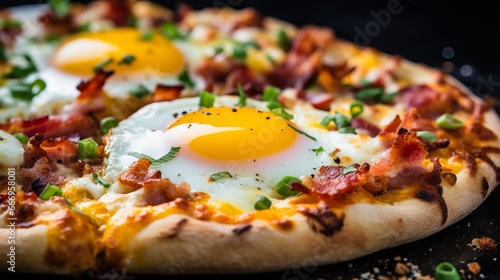 A close-up of a loaded breakfast pizza with eggs and bacon