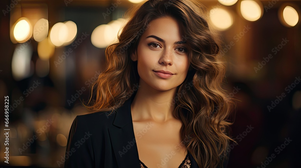 Close-up portrait of beautiful young businesswoman looking happy and confident to the left. Woman portrait illustration. Generative AI