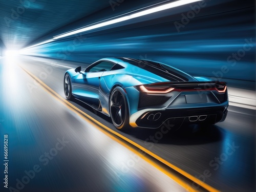modern sports car drives quickly through an abstract light tunnel © magr80