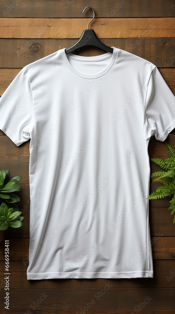 Blank White T-Shirts Mock-up hanging on white wall, front and rear side view. Mockup template design. Generative AI Blank White T-Shirts Mock-up hanging on white wall, front and rear side view. Mockup template design. Generative AI