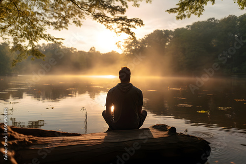 young man practicing meditation and yoga, mindfulness and meditation in a peaceful natural environment