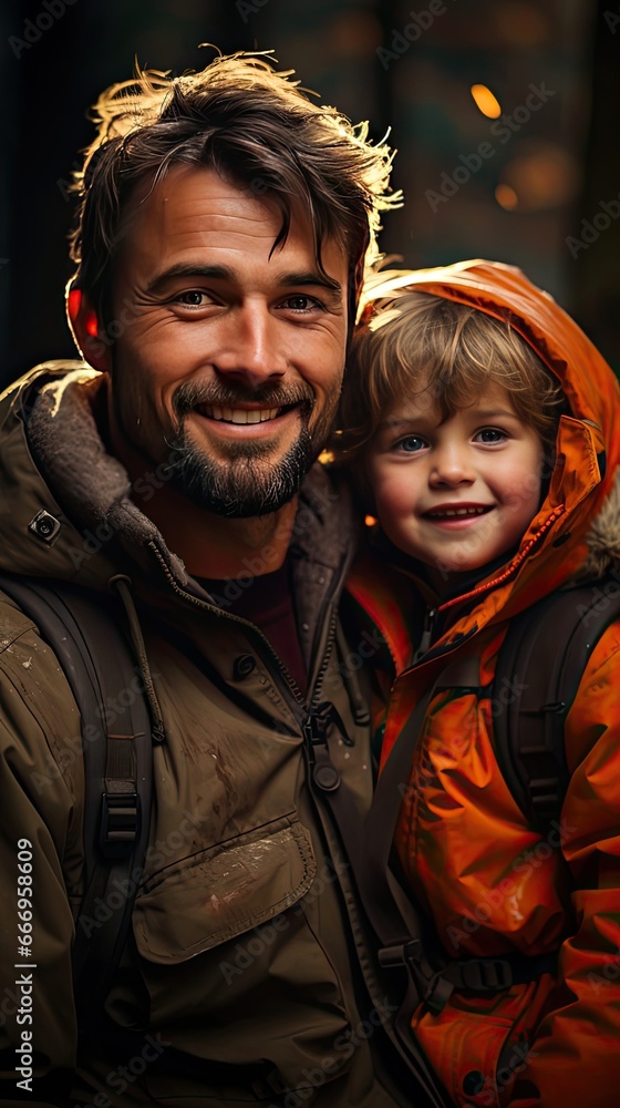 Fototapeta premium Father and son in the park. Fathers day silhouette happy family child dream concept. father carries his son on his back. People portrait illustration. Generative AI