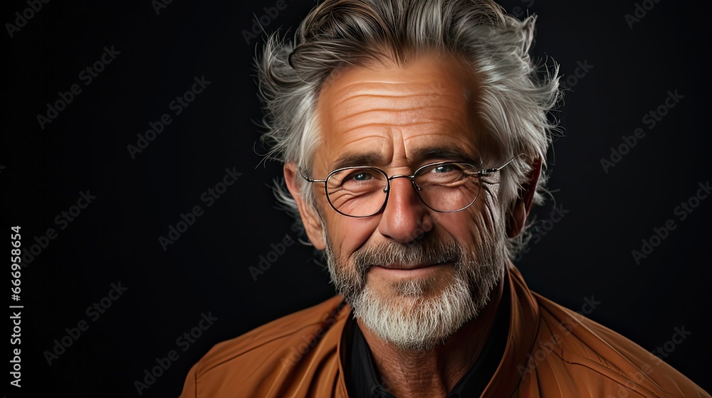 Portrait of a mature businessman wearing glasses on grey background. Happy senior latin man looking at camera over grey wall. Model portrait illustration. Generative AI Portrait of a mature businessman wearing glasses on grey background. Happy senior latin man looking at camera over grey wall. Model portrait illustration. Generative AI