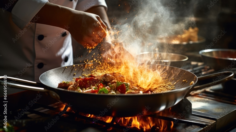 A chef tossing ingredients in a sizzling pan at a restaurant A chef tossing ingredients in a sizzling pan at a restaurant