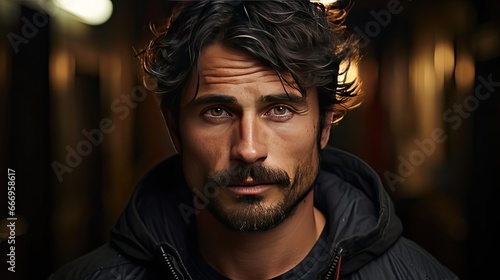 Face of handsome Hispanic man looking at camera. Man face portrait illustration. Generative AI