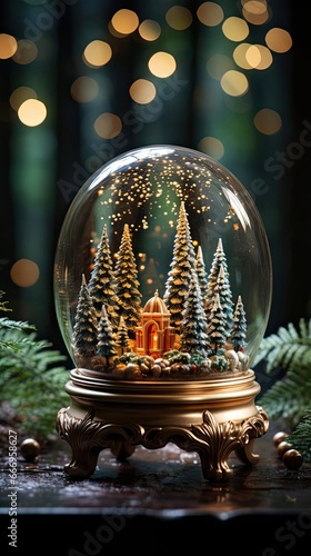 Beautiful Christmas snow globe and festive decor. Christmas snow globe. Generative AI © tanyastock