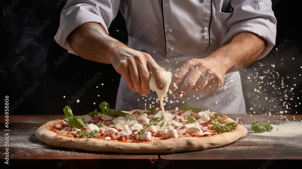 A chef adding a sprinkle of Parmesan cheese to a pizza