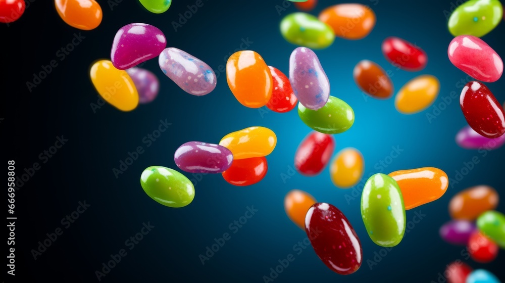 A cascade of colorful jellybeans flying A cascade of colorful jellybeans flying